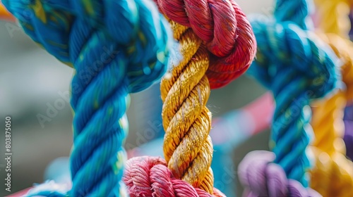 Vibrant colored ropes knotted together close-up