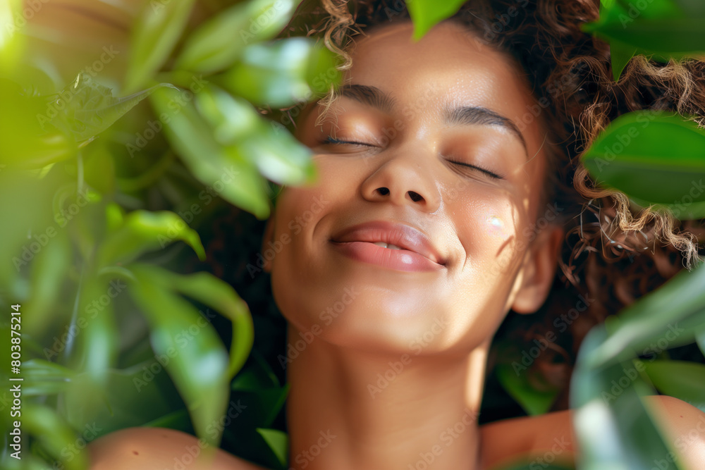 A woman is smiling and looking at the camera while surrounded by green leaves. Natural Beauty Moments. Promoting a connection between beauty and nature, Ideal for eco-friendly skincare advertising A woman is smiling and looking at the camera while surrounded by green leaves. Natural Beauty Moments. Promoting a connection between beauty and nature, Ideal for eco-friendly skincare advertising