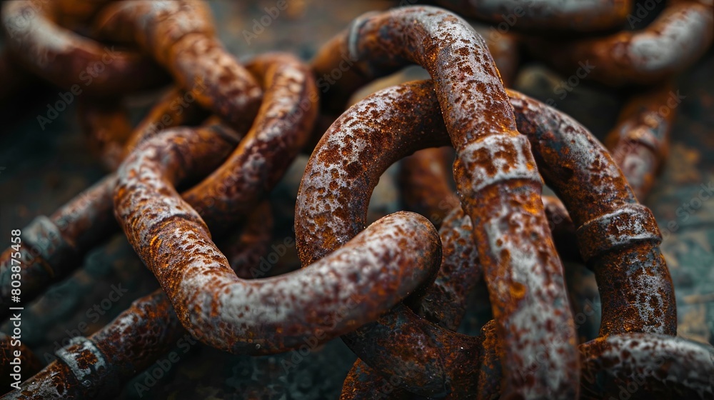 Close-up of aged rusty chains on a textured surface