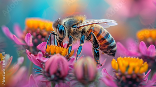 Nature's Harmony: Bee Collecting Nectar from Colorful Flower, Photography Capturing Delicate Interaction © SithCreations