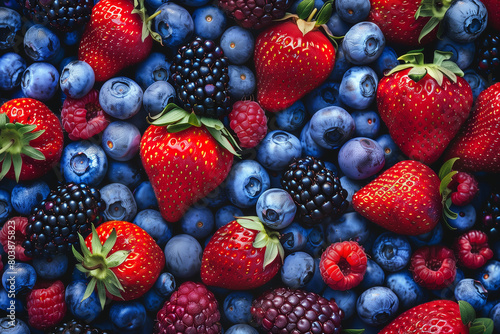 A closeup of various berries, including strawberries and blueberries, arranged in an aesthetically pleasing pattern. © mister
