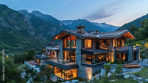 A three-story modern house made of stone and wood with a mountain backdrop.