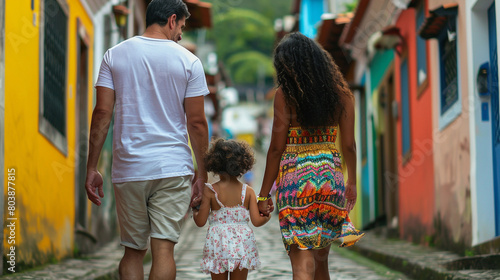Traditional Brazilian family of three walking through a lane © Kinza