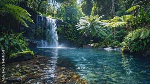 A secluded waterfall cascading into a crystal-clear pool surrounded by lush greenery.