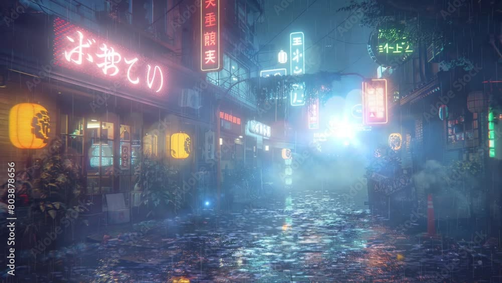 Cyberpunk Japan downtown street with neon signs. Rainy in the mist alley. Lofi anime style loop animation.