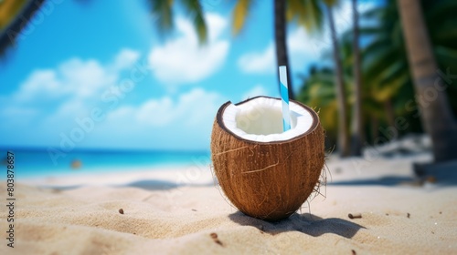 Fresh coconut drink on sandy beach perfect summer refreshment ,8k 