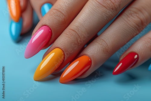 Multicolored manicure close up. Young woman hands with trendy neon manicure on blue background. Summer fashion manicure.