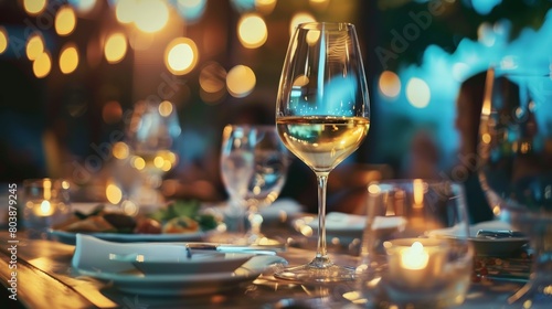 A glass of white wine on a table with a blurred background of a restaurant. photo