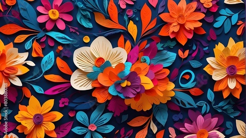 colorful Mexican flower wall covering, bright floral background, mandala design concept, exquisite illustration for Rangoli, wall covering in the manner of embroidery, Hispanic textile art, careful de