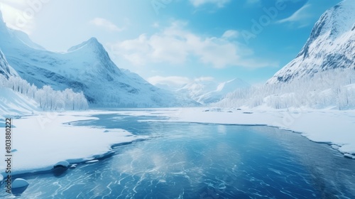 Majestic mountain landscape frozen blue water winter adventure outdoors ,8k