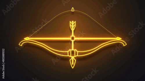 Glowing neon line Medieval bow and arrow icon isolated on black background.