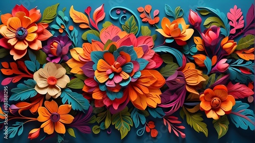colorful Mexican flower wall covering, bright floral background, mandala design concept, exquisite illustration for Rangoli, wall covering in the manner of embroidery, Hispanic textile art, careful de