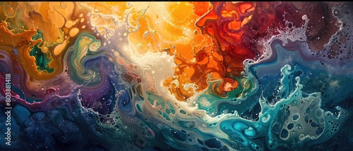 The image is an abstract painting. It has a bright yellow center, with blue, green, and purple swirls. The painting has a lot of movement and energy.