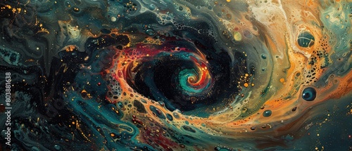 The image is an abstract painting that depicts a swirling vortex of color and light