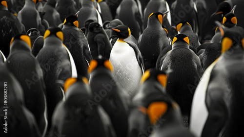 Amidst a sea of black and white, a vibrant white penguin boldly stands out