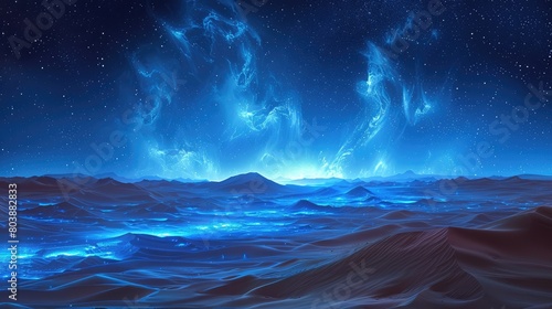 The image shows a beautiful landscape of a distant planet with a blue atmosphere and glowing blue clouds.