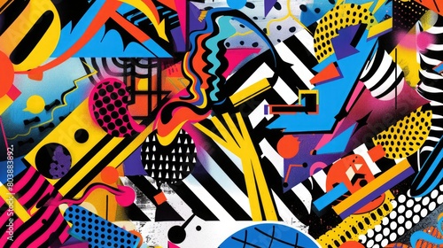 A pop art explosion of patterns and colors arranged in a dynamic layout that exudes energy and creativity.
