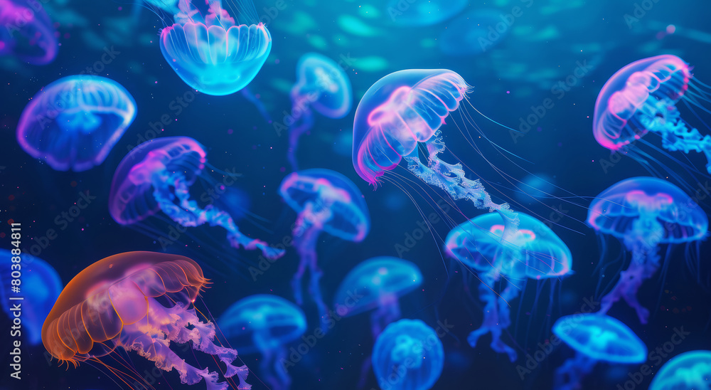 Vibrant Jellyfish Dance, Illuminating the Deep Blue Vibrant Jellyfish Dance, Illuminating the Deep Blue