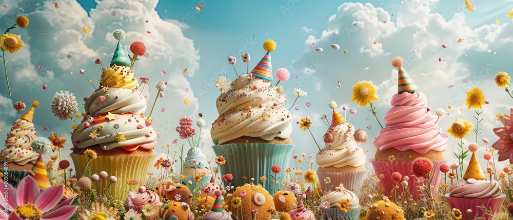 A beautiful and whimsical landscape filled with giant cupcakes, lollipops, and other sweet treats