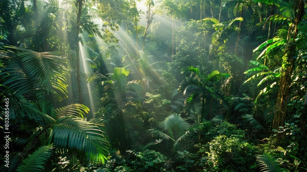 A panoramic view of a dense, jungle canopy with sunlight filtering through the trees.