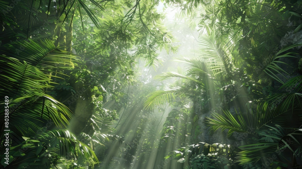 Obraz premium A panoramic view of a dense, jungle canopy with sunlight filtering through the trees.