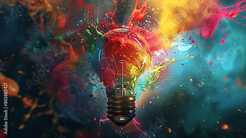 A creative light bulb explodes with colorful paint splashes and shards of glass on a black background. Think differently creative idea concept