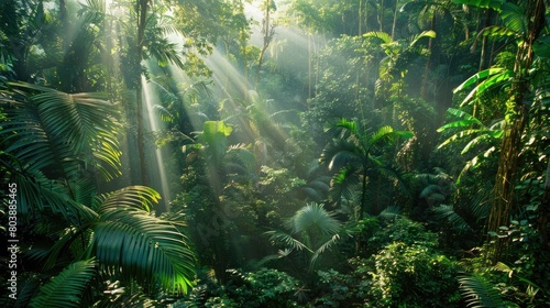 A panoramic view of a dense  jungle canopy with sunlight filtering through the trees.