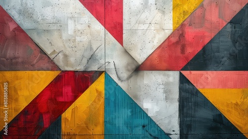Abstract painting with bright colors. Red, yellow, blue and white geometric shapes.