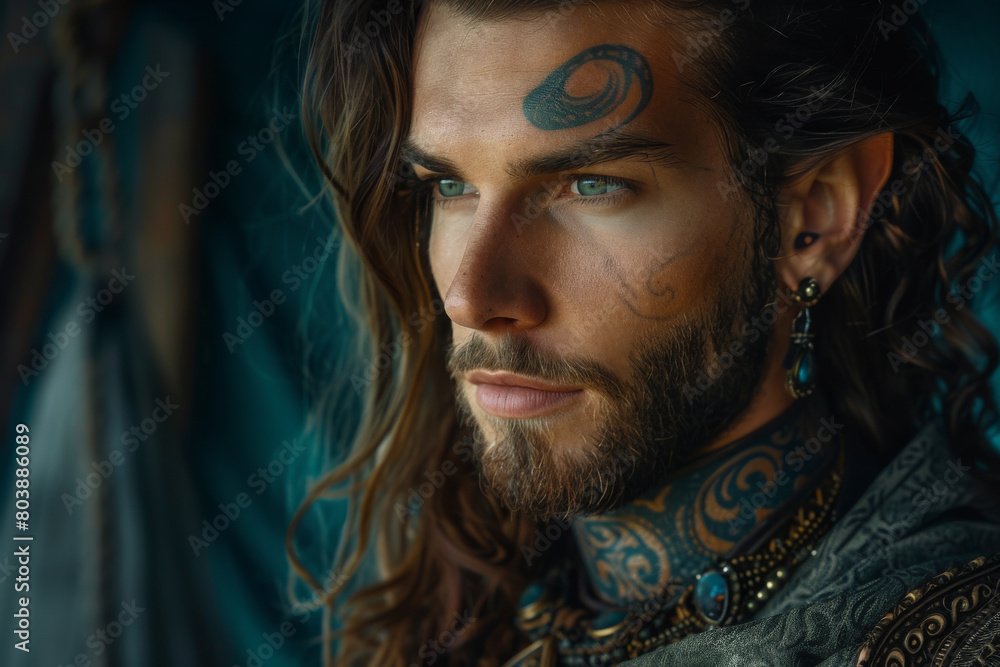 Portrait of a tattooed caucasian nordic young man with long hair an wearing jewelry Portrait of a tattooed caucasian nordic young man with long hair an wearing jewelry