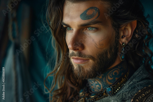 Portrait of a tattooed caucasian nordic young man with long hair an wearing jewelry