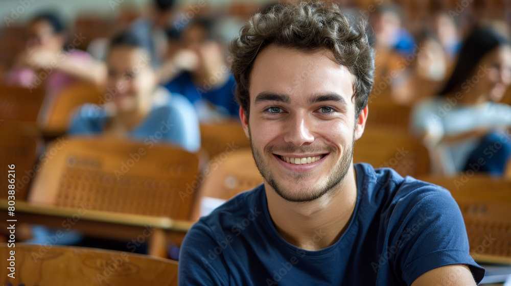Portrait of a French caucasian happy university male student sitting in a college lecture hall Portrait of a French caucasian happy university male student sitting in a college lecture hall