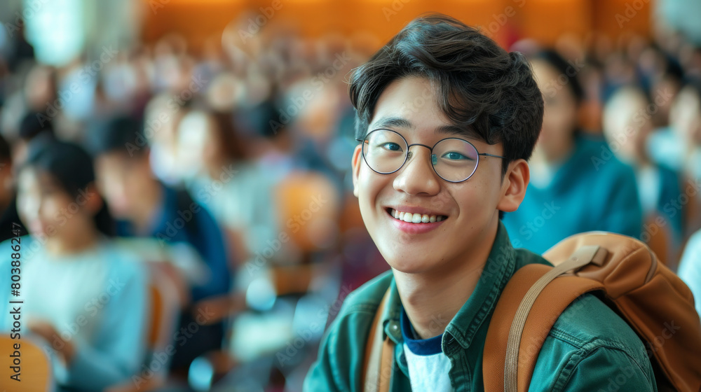 Portrait of a Korean asian happy university student sitting in a college lecture hall Portrait of a Korean asian happy university student sitting in a college lecture hall