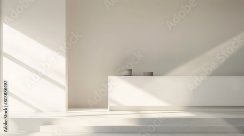 A minimalist  white podium  with a simple design  set against a backdrop of a minimalist  white kitchen.