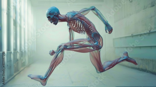 An illustration of a skeleton with muscles and tendons exposed, running in a brightly lit room. photo