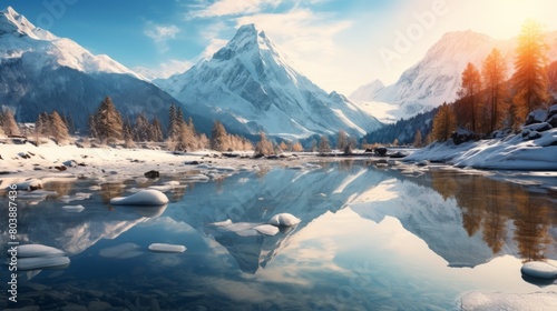 Winter landscape Majestic mountains frozen water tranquil reflection crystal ice,8k
