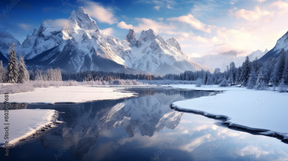 Winter landscape Majestic mountains frozen water tranquil reflection crystal ice,8k
