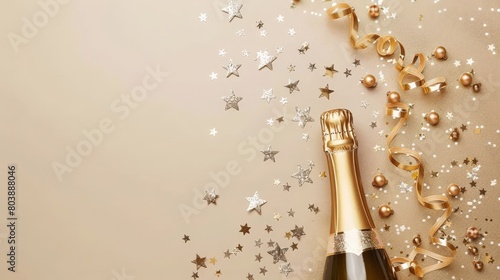 An image of a champagne bottle with gold confetti and stars on a beige background.