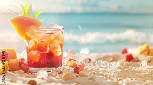 A tropical fruit cocktail with a pineapple garnish served on a beach with a sandy background, ideal for beach cafes and bars photo