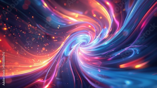 Colorful abstract painting with a vortex of blue and orange hues.