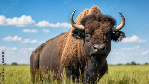 Portrait of buffalo in Grass field against blue sky 