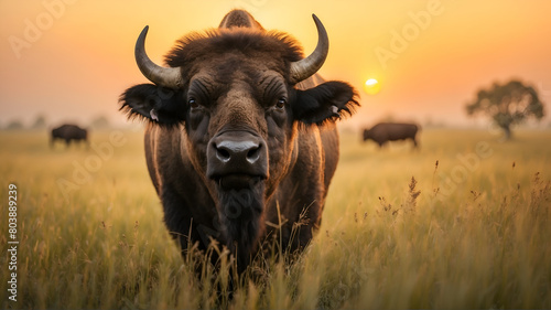 Portrait of buffalo in Grass field at sunset 