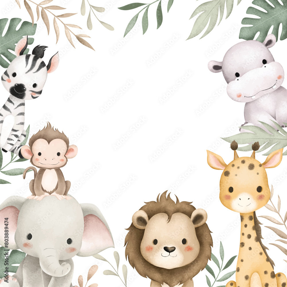 Obraz premium Watercolor Illustration Safari Animals and Tropical Leaves Border
