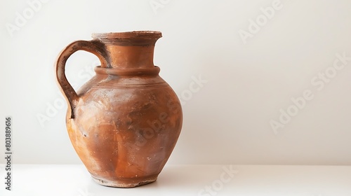 Rustic clay pitcher displayed against a pristine white background, evoking a sense of traditional craftsmanship. © baloch