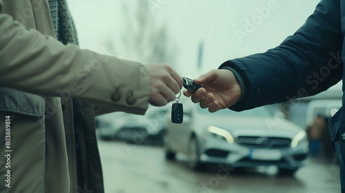 an employee handing a car key to another employee at the dealership 