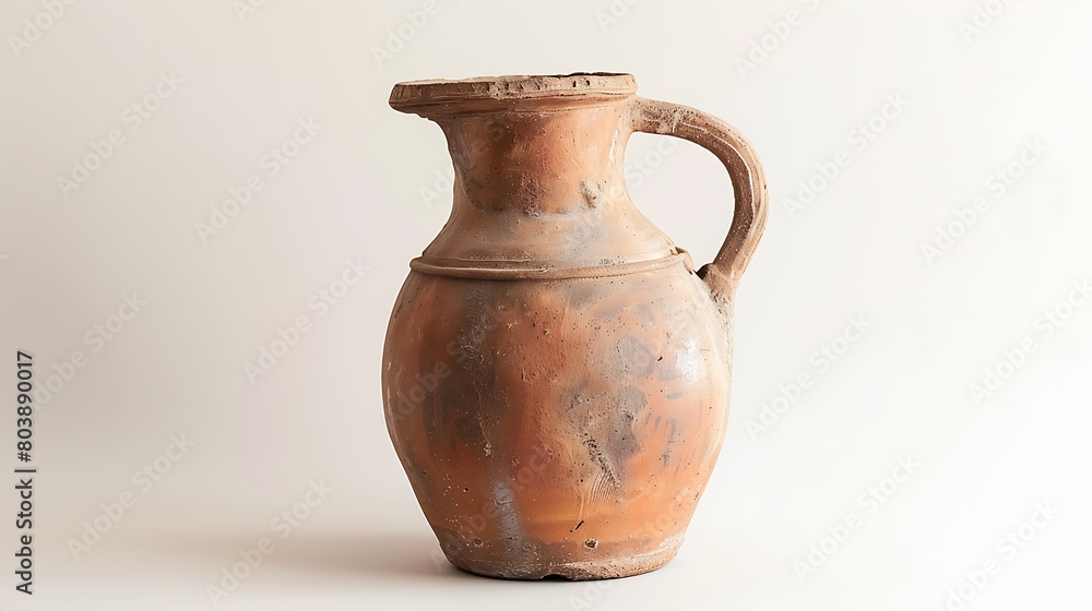 Rustic clay pitcher displayed against a pristine white background, evoking a sense of traditional craftsmanship.