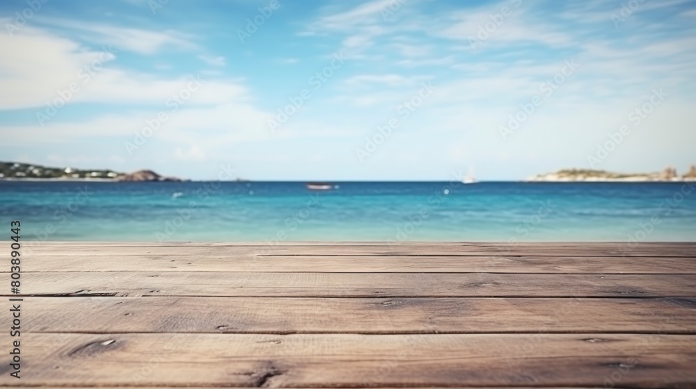 Wood table top on blur beach background Wood table top on blur beach background