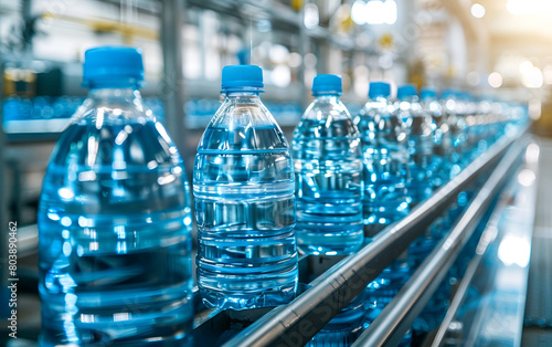 Line of bottling beverages in plastic bottles on clean light factory. Drinking water factory, Bottles on a factory conveyor belt with Automatic line for packing drinking water into glass or plastic co © Maria