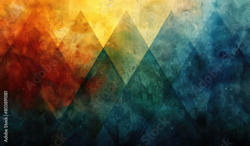 Abstract background with triangles in different colors, grainy texture, blurred edges. Created with Ai