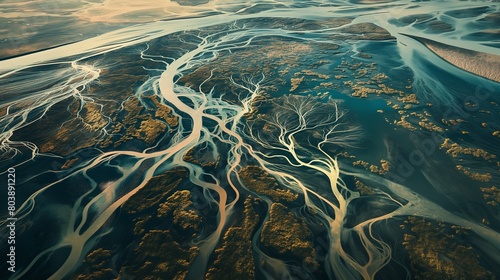 A bird's-eye view of a river delta, the waterways branching out like veins against the surrounding landscape.