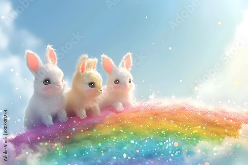 Adorable Baby Bunnies Sliding and Sitting on a Vibrant Rainbow in a Whimsical,Dreamlike Landscape